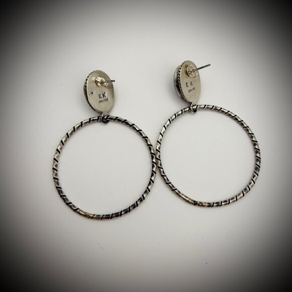 Navajo Sterling Black Onyx Hoop Earrings – 2.5", 19g, stamped “EK / Sterling” - Picture 3 of 4